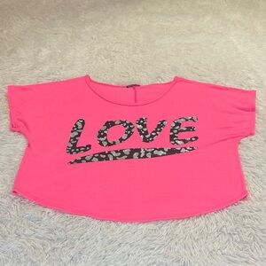 TOP FASHION NEW YORK Pink Shirt 'Love' Print WOMENS L, NO TAG SEE MEASUREMENTS